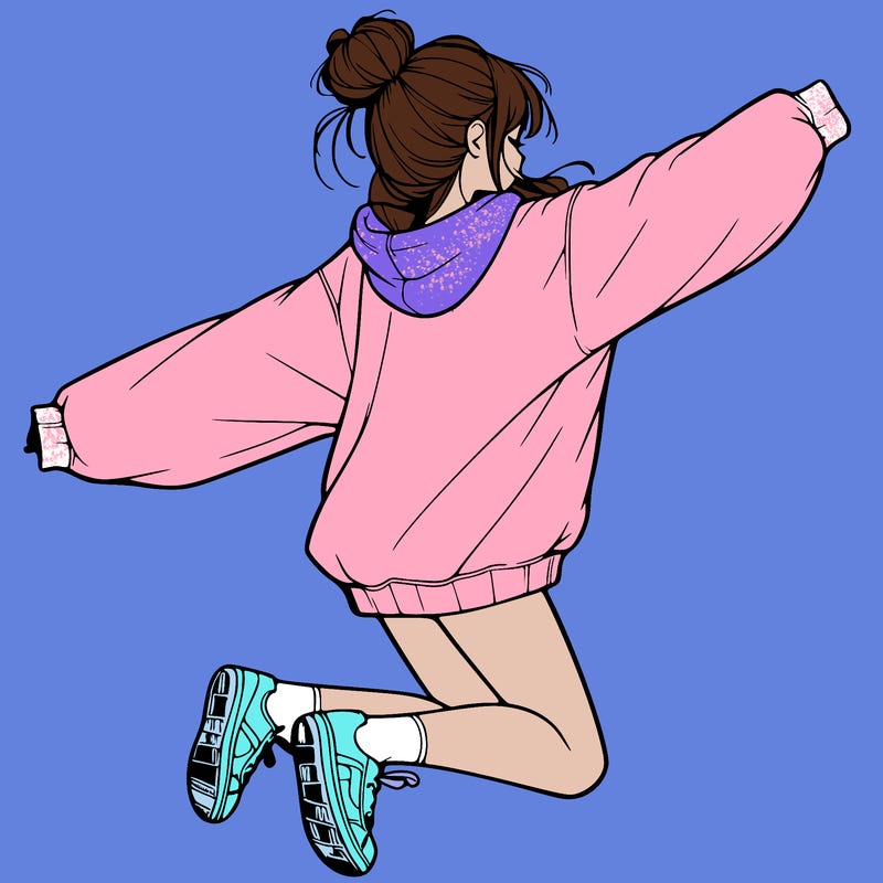 realistic girl jumping with a bun and oversized sweatshirt