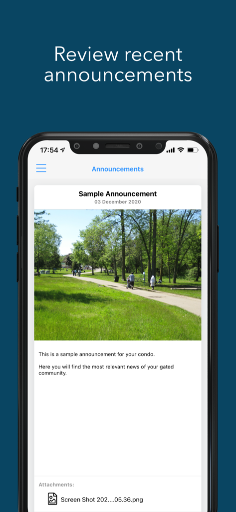 CondoVive - CondoVive mobile app interface showing a community announcements page for residents