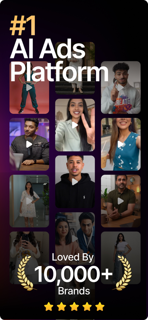 Una cuadrícula de modelos de IA realistas para anuncios de video en la plataforma Scalio con una calificación de 5 estrellas.