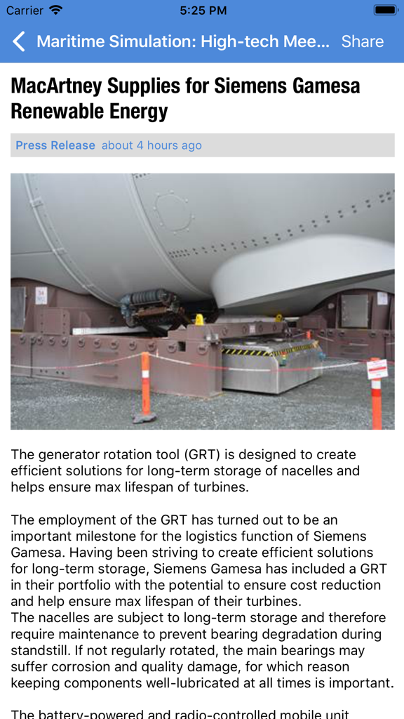 Maritime Global News - A news article within the Maritime Global News app regarding renewable energy industry supplies.