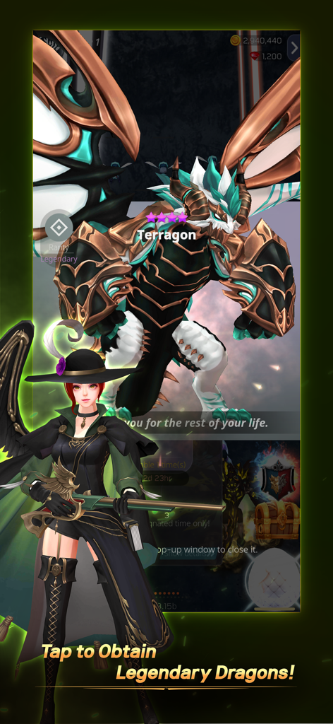 DragonSky : Idle & Merge - Legendary dragon Terragon and female hunter character in DragonSky Idle and Merge