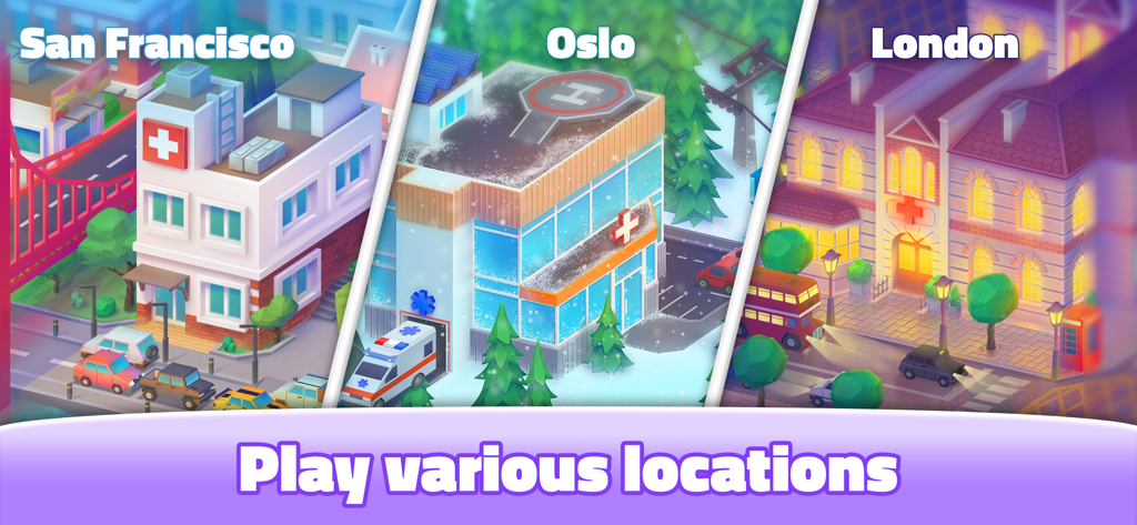 A collage showing different hospital locations in Happy Clinic including San Francisco Oslo and London