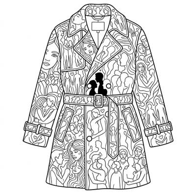 Explore a truly unique coloring experience with this intricate trench coat design, entirely covered in diverse human figures and heartfelt connections. This detailed artwork offers a beautiful way to celebrate love, community, and human forms through color.