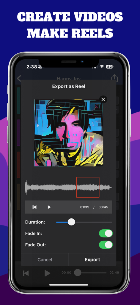 Tela de smartphone mostrando o recurso Exportar como Reel no aplicativo MicSwap MultiTrack Pro para criar vídeos para redes sociais.