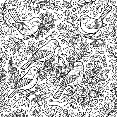Discover a heartwarming scene of forest birds celebrating Mother's Day, perfect for a peaceful coloring experience. This intricate design features birds, nests with chicks, and delicate floral bouquets, ideal for all ages.