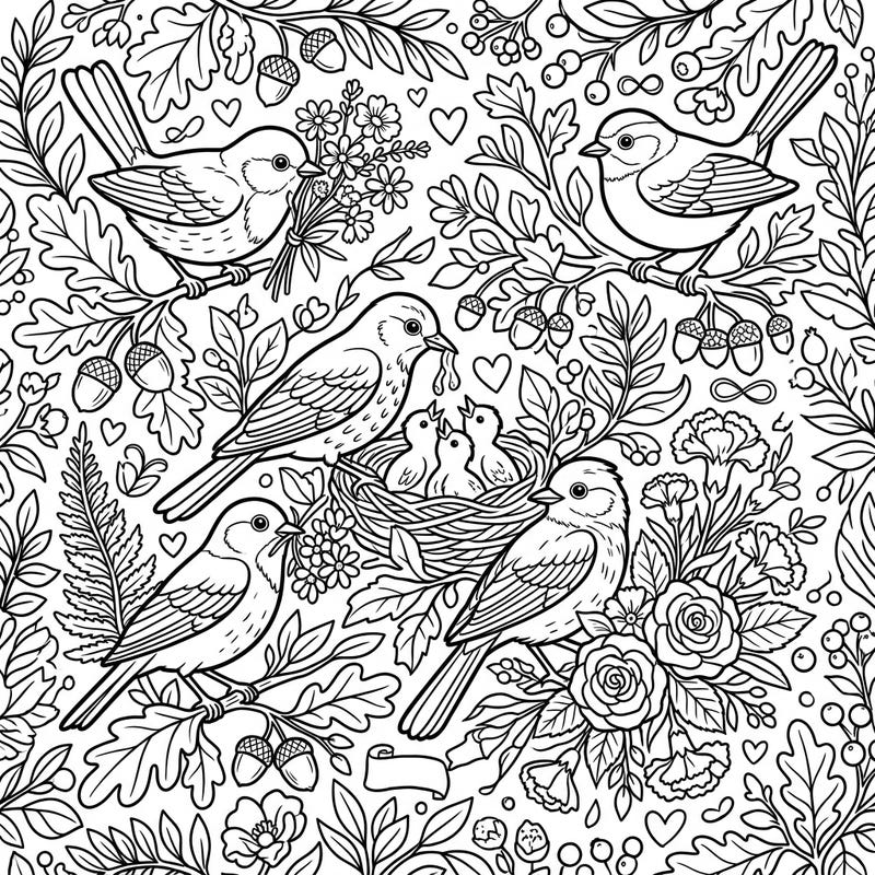 Discover a heartwarming scene of forest birds celebrating Mother's Day, perfect for a peaceful coloring experience. This intricate design features birds, nests with chicks, and delicate floral bouquets, ideal for all ages.