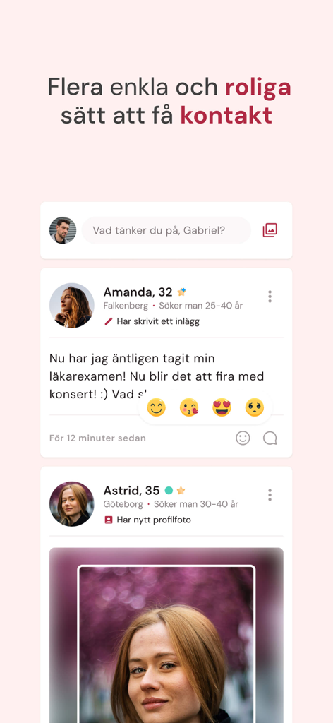 Interface of the Mötesplatsen dating app showing a social feed of posts from singles with emoji reactions