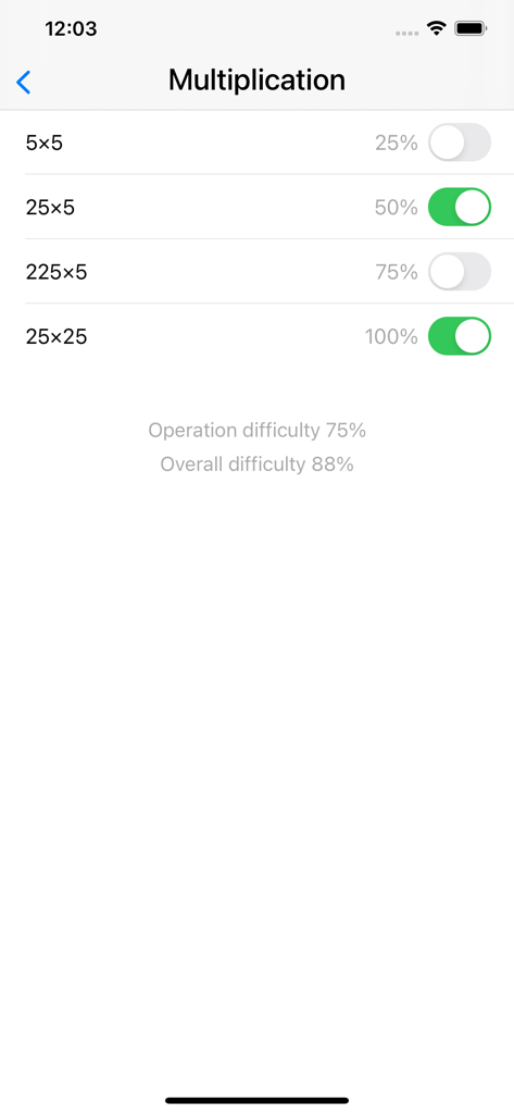 Mental math trainer & coach - メンタル数学トレーナーアプリで、掛け算の難易度レベルと問題選択が表示される画面。