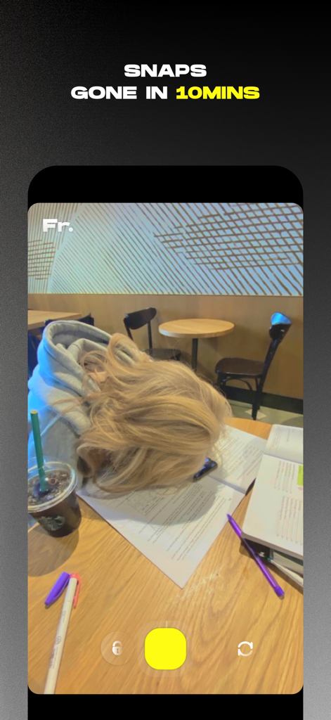 10분 안에 사라지는 스냅이라는 문구와 함께 학생의 솔직한 사진을 보여주는 Fr App 스크린샷