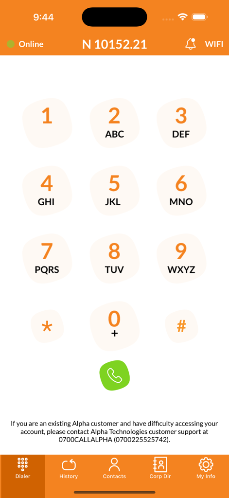 Alpha Caller softphone app dialer interface showing a numeric keypad and green call button for professional office calls