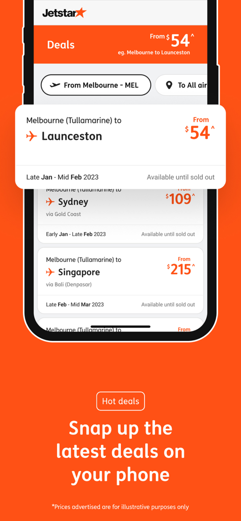 Jetstar - Jetstar mobile app showing flight deals from Melbourne to destinations like Launceston, Sydney, and Singapore