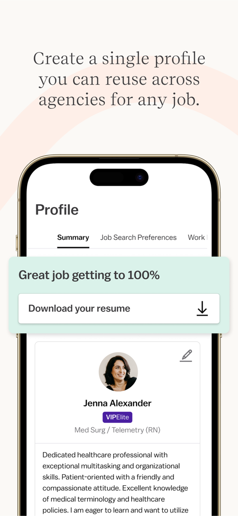 Vivian - Find Healthcare Jobs - Interfaz de la aplicación Vivian que muestra un perfil reutilizable de profesional de la salud para trabajos de enfermería