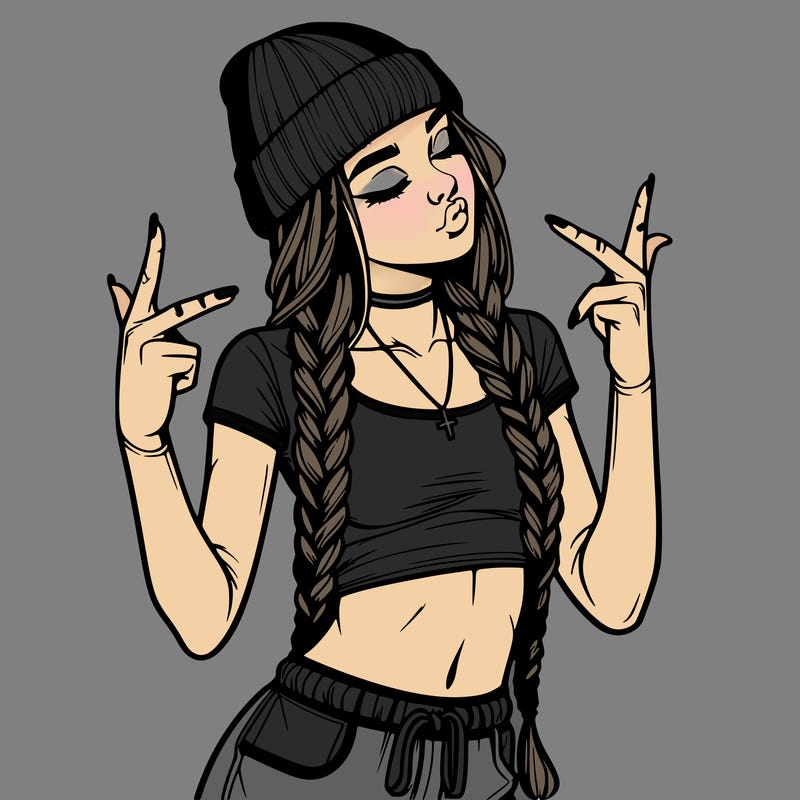 realistic teenage girl with braids and a beanie and crop top doing 🫶🏼