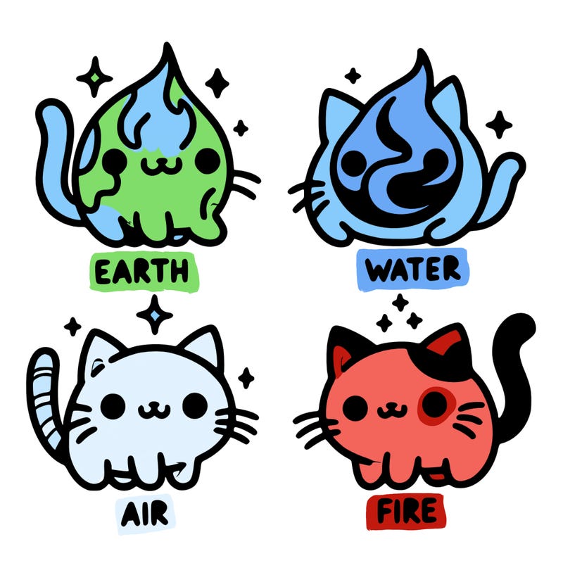 4 cats that represent the different elements, earth, water, air, and fire