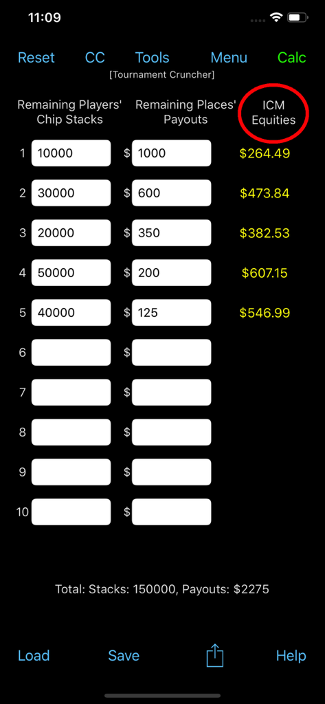Tournament Cruncher (ICM) - Tournament Cruncher mobile app interface showing poker ICM equities and chip stack calculations