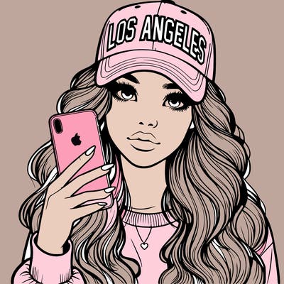 realistic beautiful girl wearing los ángeles cap holding an iphone