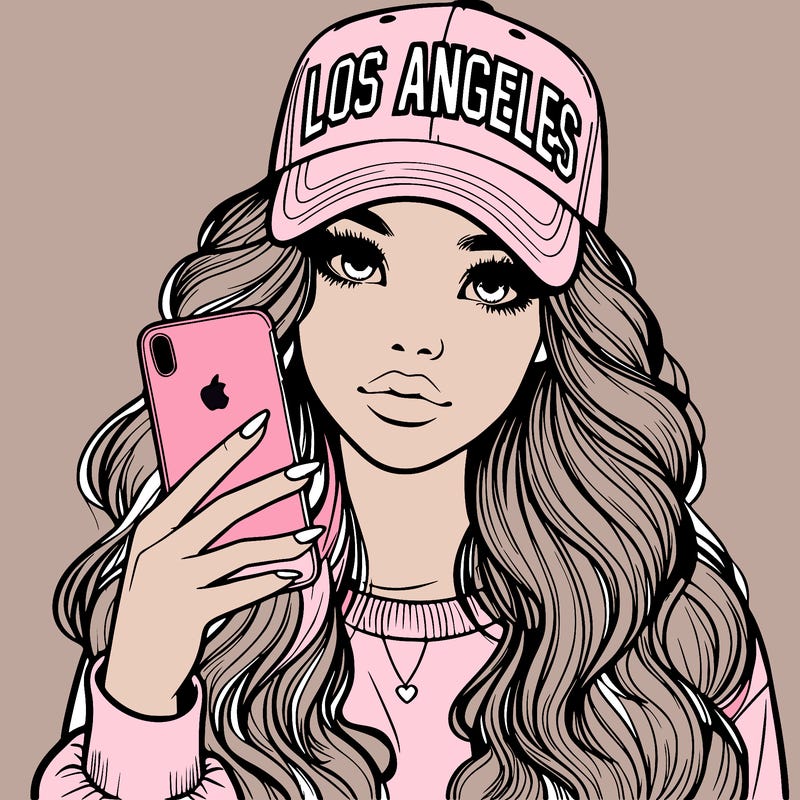 realistic beautiful girl wearing los ángeles cap holding an iphone