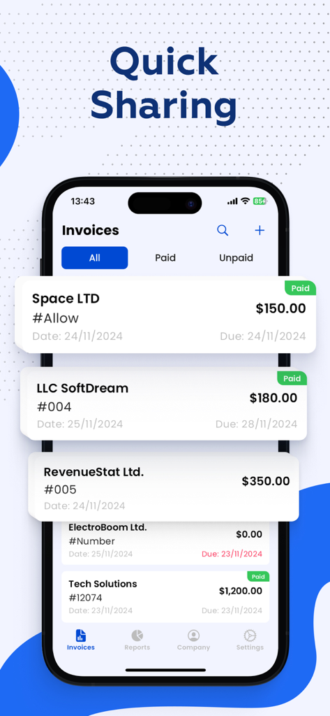 Invoice Maker & Generator App - Tela de gerenciamento de faturas profissionais mostrando faturamentos pagos e não pagos em um dispositivo móvel