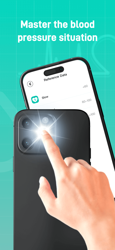 AlodBloodPressure:HealthRecord - Un utente che misura la frequenza cardiaca appoggiando un dito sulla torcia della fotocamera dello smartphone
