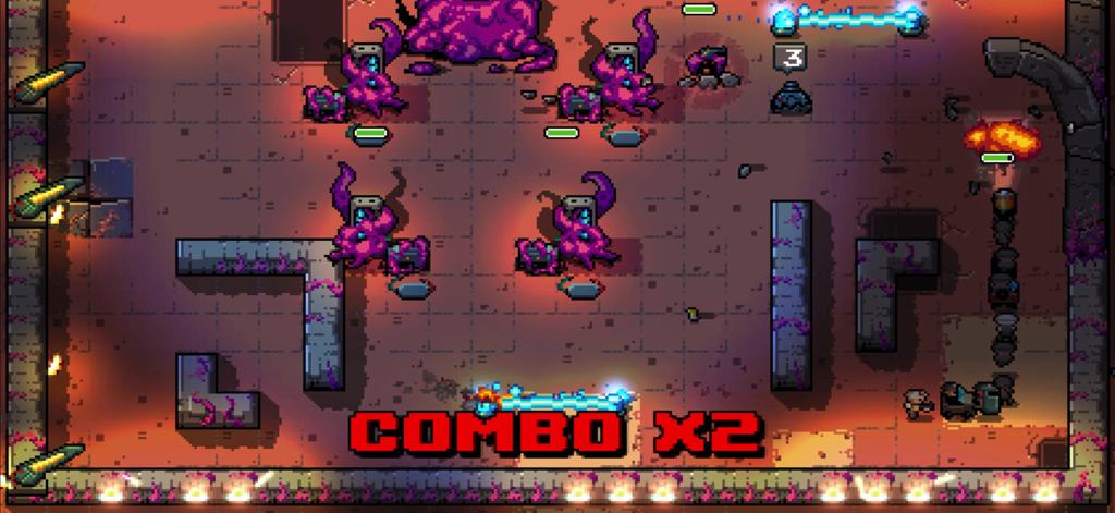 Snake Core - Snake Core gameplay showing a unit line attacking purple alien enemies in a pixel art arena with a combo multiplier