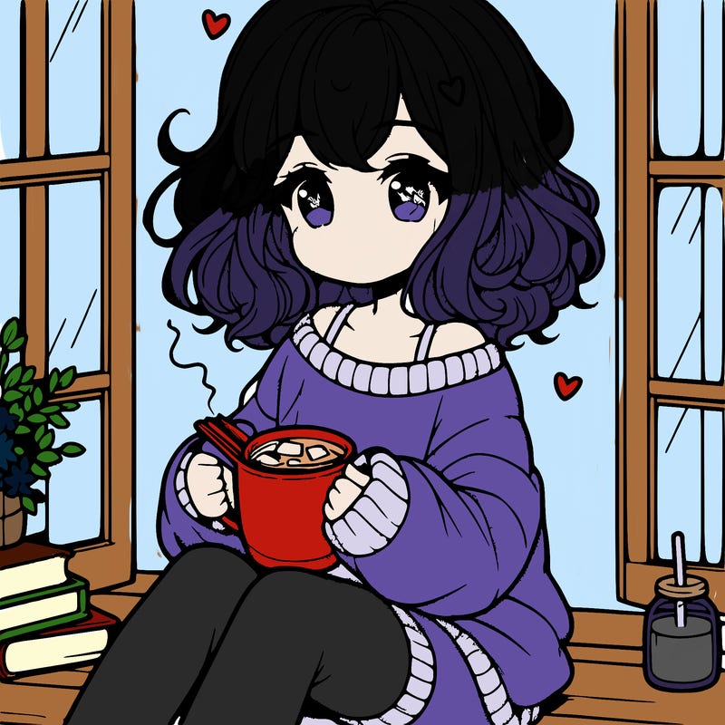 cute anime girl reading book and drinking hot chocolate from mug with loose wavy hair wearing a baggy sweatshirt and shorts sitting by windowsill looking out