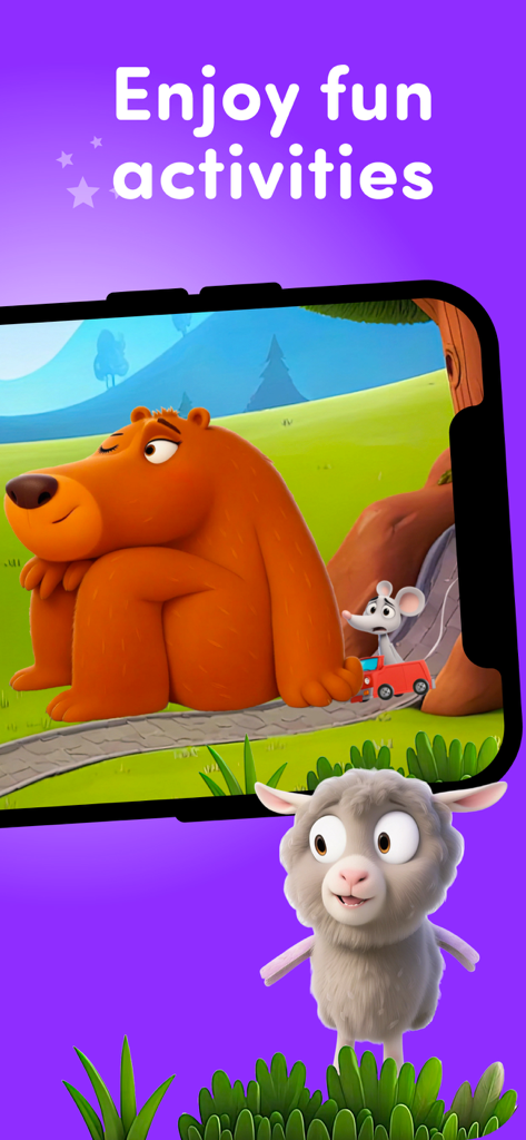 Rescue: Toddler games for kids - Cartoon bear and mouse in a red car with the text enjoy fun activities from the Rescue toddler games app