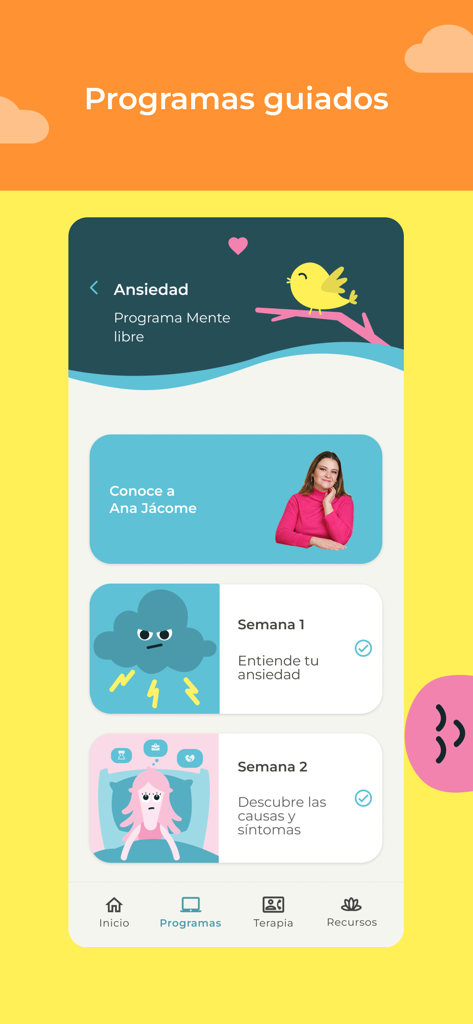Starbien App - Captura de tela do aplicativo Starbien mostrando a interface de programas guiados para o gerenciamento de ansiedade em espanhol.