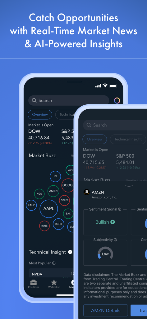 Firstrade: Invest & Trade - Firstrade mobile app screens displaying real-time market news and AI-powered stock sentiment analysis tools.