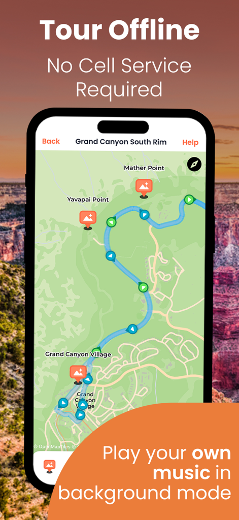 Smartphone displaying an offline GPS map of the Grand Canyon South Rim tour route
