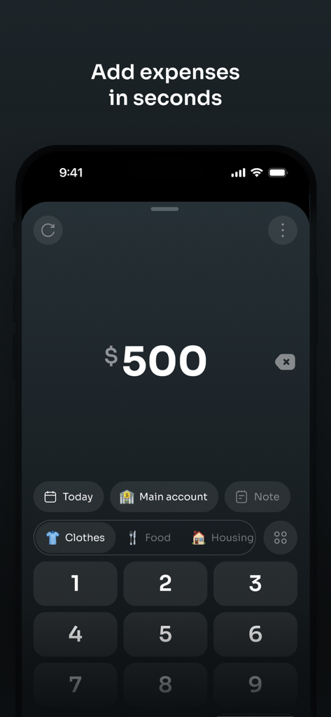 Quanto: Expense Tracker - Quanto app screen for adding expenses manually with a minimalist dark mode UI
