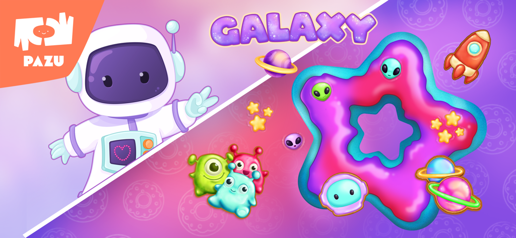 Galaxy themed star shaped donut with astronaut and alien decorations in Pazu Donut Maker app