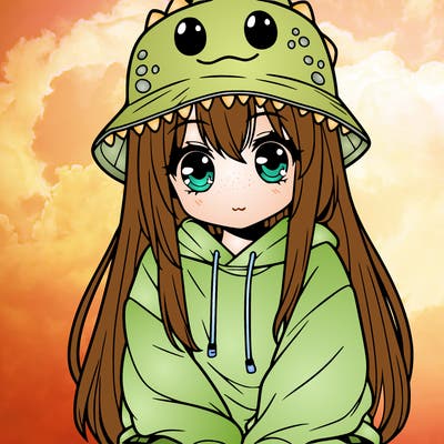 girl with anime shaped eyes with a dinosaur bucket hat oversized sweatshirt long straight hair