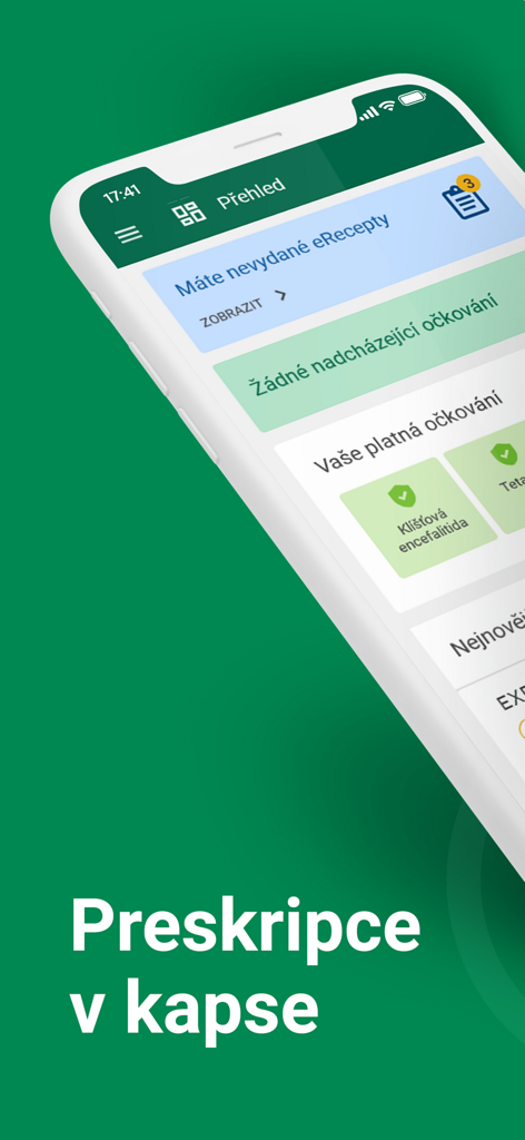 eRecept - Panel de control de la aplicación eRecept mostrando alertas de recetas e historial de vacunación en checo.
