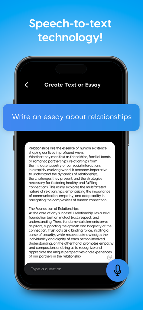 Smartphone screen showing AI generating an essay from a voice command using speech to text technology.