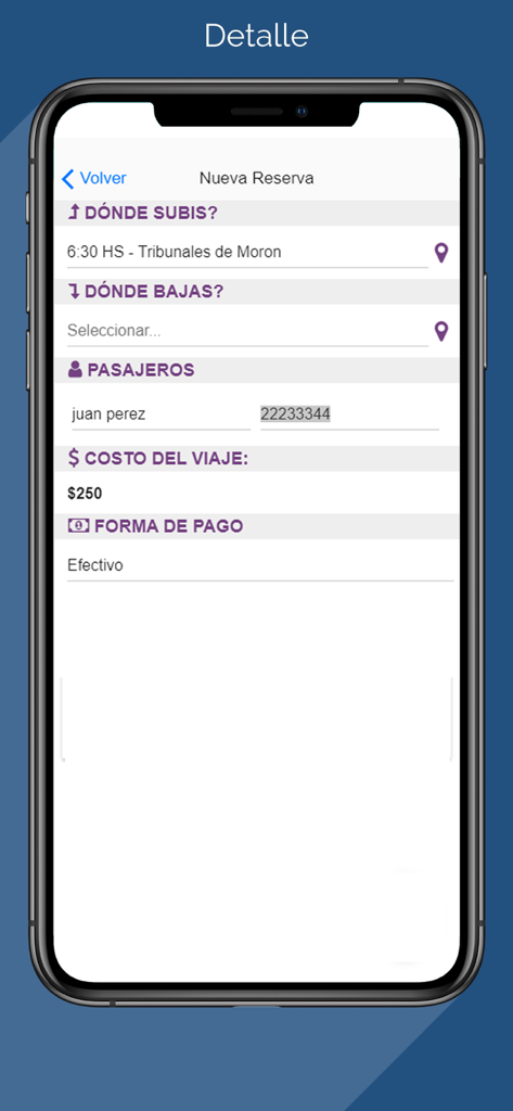 Mobile app interface for Kombys del Oeste showing a new reservation form with trip details and passenger information