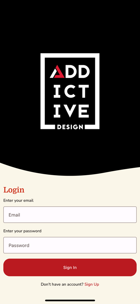 Addictive Design - Login screen for the Addictive Design app featuring email and password input fields and a sign in button