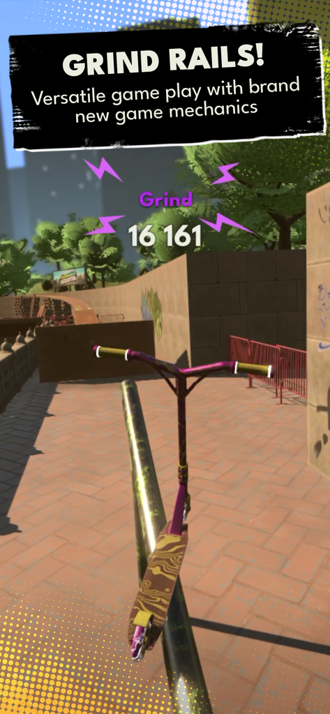 Touchgrind Scooter - A customized scooter performing a grind trick on a metal rail in an urban environment