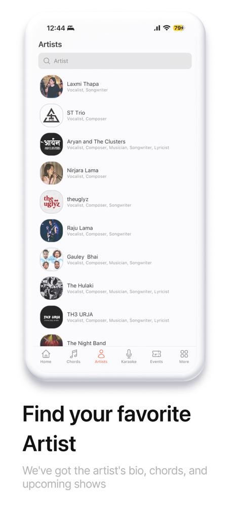 ChordPedia: Guitar Chords - A mobile screen showing a list of Nepali and Hindi artists in the ChordPedia app with a search bar and artist profiles