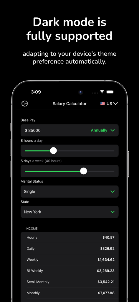 Salary Paycheck Calculator app interface in dark mode displaying an annual salary calculation for New York