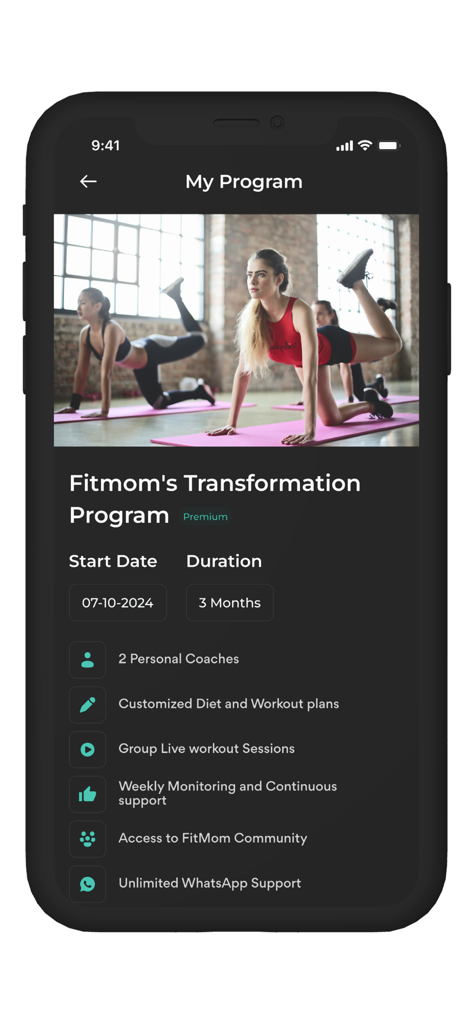 FitMom Club: Health & Wellness - Écran de l'application FitMom Club montrant le programme de transformation avec des fonctionnalités telles que des coachs personnels et des plans personnalisés.