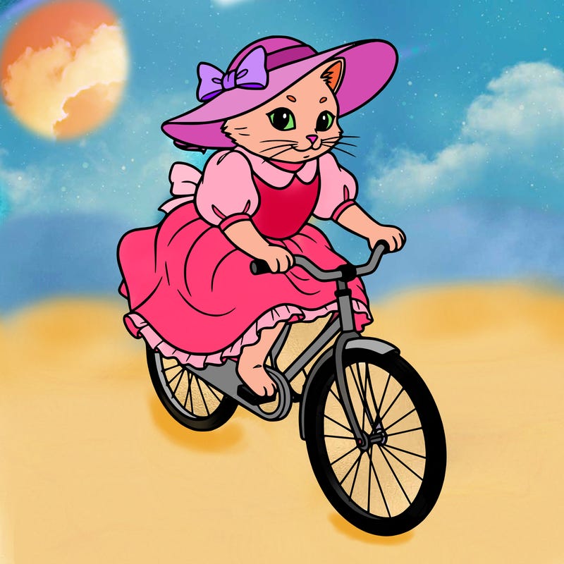 a cat riding a bike wearing a dress and a hat