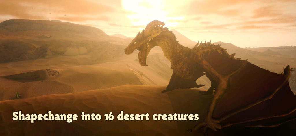 Wilderless: Dune Barrens - A large dragon standing on a sand dune in a vast desert at sunset.