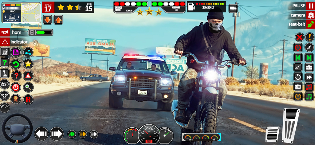 US Police Cop Car Chase Game - SUV de policía de EE. UU. persiguiendo a un motociclista enmascarado en una carretera desértica en un simulador de persecución de coches