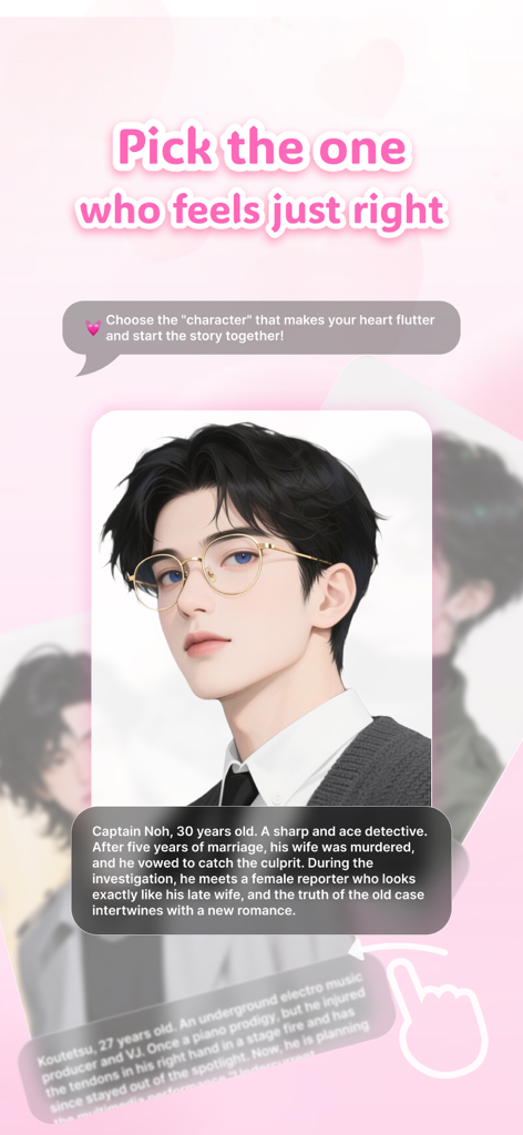 Character selection screen in Smitten app featuring an anime style male detective character named Captain Noh