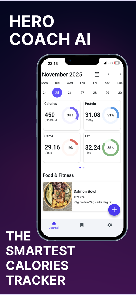 Hero - Coach AI - Smartphone screen showing the Hero Coach AI app dashboard with daily calorie and macro tracking for protein, carbs, and fat alongside a logged meal.