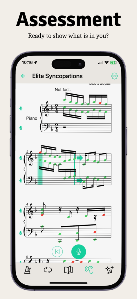 PracticeBird app showing piano sheet music with real-time feedback and assessment