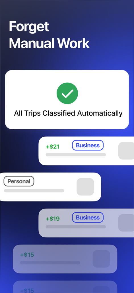 MileKeeper: Mileage Tracker AI - A screenshot of the MileKeeper app showing automatic business and personal trip classification for tax savings