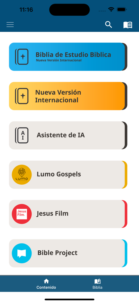 NVI Biblia de Estudio - Menú principal de la NVI Biblia de Estudio mostrando versiones de estudio, asistente de IA y recursos multimedia