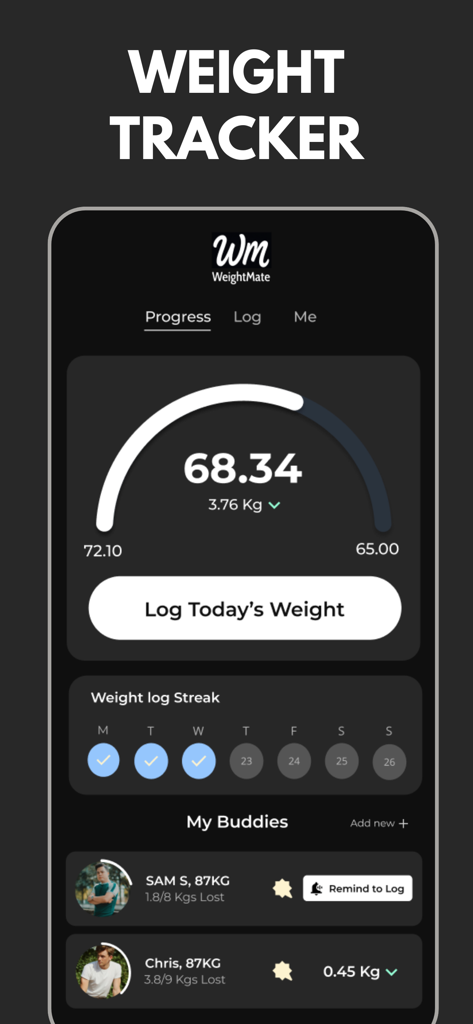 BMI Calculator - WeightMate - WeightMate app screenshot showing weight progress and social accountability features