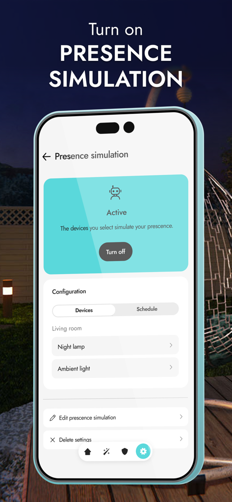 BE WAVE - BE WAVE app interface showing the active presence simulation feature for home security management.